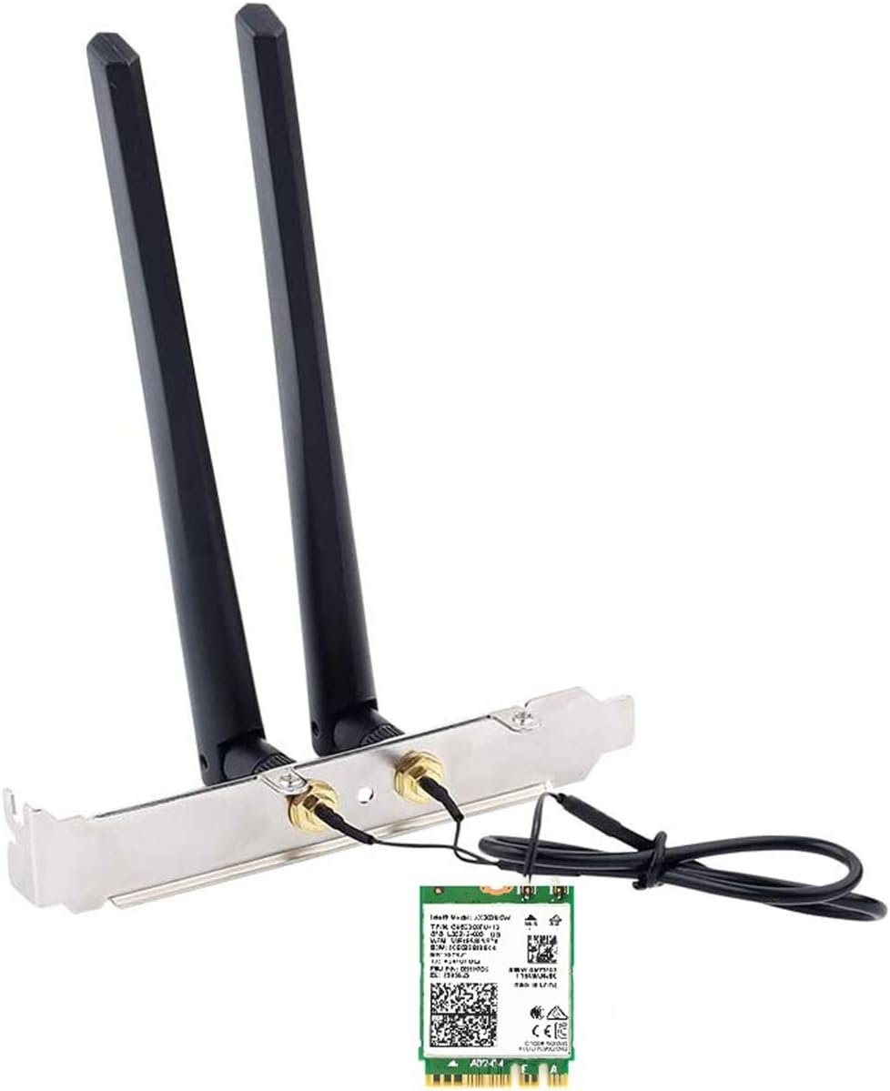 Intel AX210 Wi-Fi 6E card with two black antennas.